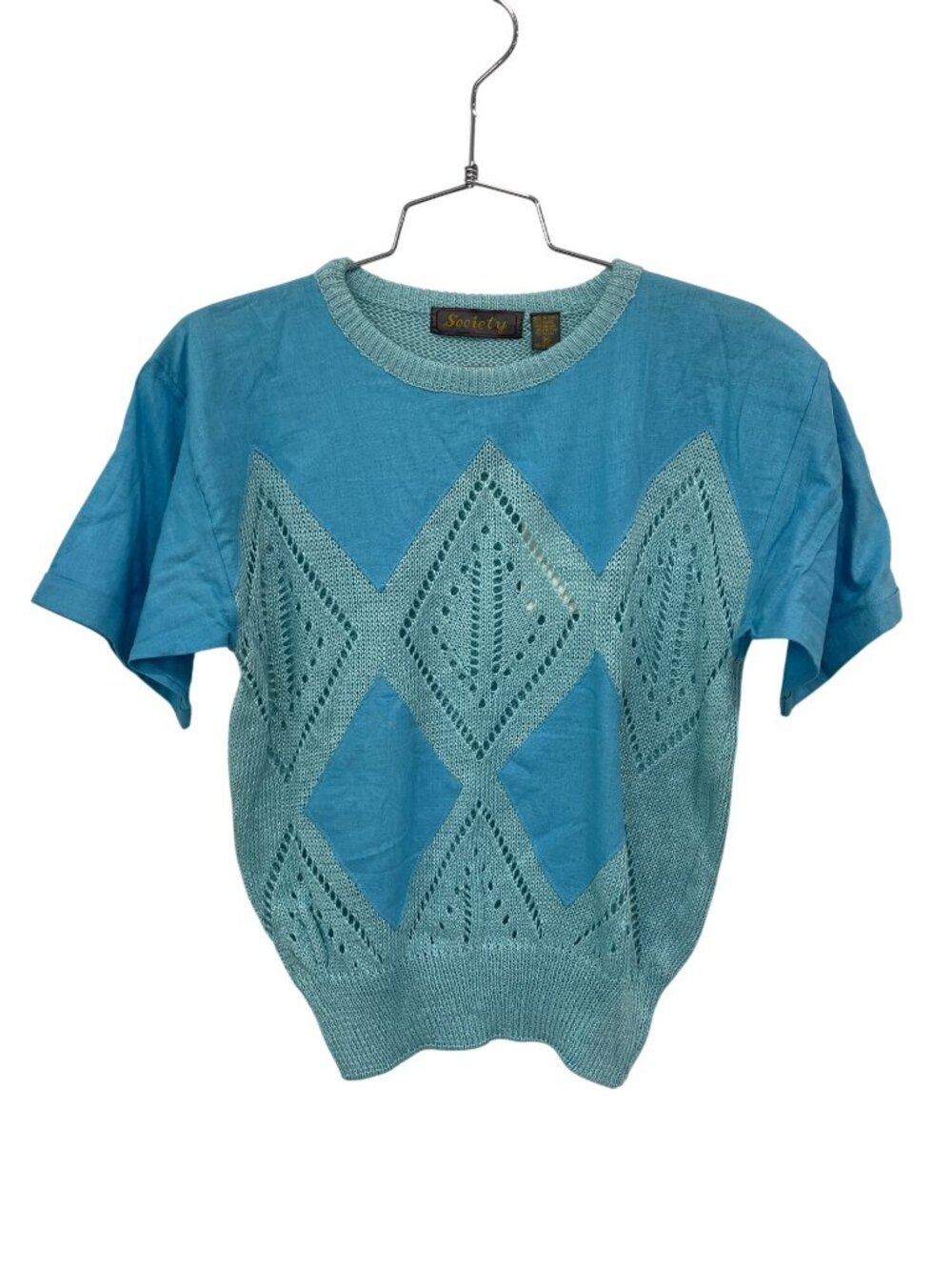 Vintage 90s Society Top Medium Crewneck Short Sleeve Argyle Blue Deadstock NEW